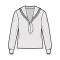 Shirt middy sailor suit technical fashion illustration with elbow fold long sleeves with cuff, tunic length, oversized.