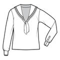 Shirt middy sailor suit technical fashion illustration with bow, long sleeves with cuff, tunic length, oversized. Flat