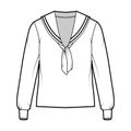 Shirt middy sailor suit technical fashion illustration with elbow fold long sleeves with cuff, tunic length, oversized.