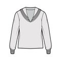 Shirt middy sailor suit technical fashion illustration with long sleeves, tunic length, oversized. Flat apparel top