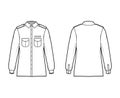 Shirt military technical fashion illustration with epaulette, flaps angled pockets, long sleeve, relax fit, button-down Royalty Free Stock Photo