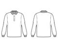 Shirt polo oversized technical fashion illustration with long sleeves, tunic length, henley button neck flat knit collar