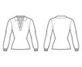 Shirt polo technical fashion illustration with long sleeves, tunic length, open henley neck, slim fit, flat collar.