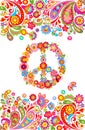 Shirt print on white background with colorful floral summery border and hippie peace flowers symbol