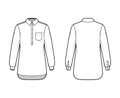 Shirt pullover technical fashion illustration with rounded pocket, long sleeves, relax fit, half placket button down