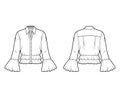 Shirt technical fashion illustration with peplum hem, collar with stand, long sleeves, voluminous fluted cuffs.