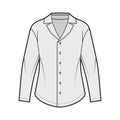 Shirt technical fashion illustration with relaxed silhouette, retro camp collar, front button fastenings, long sleeves