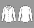 Shirt technical fashion illustration with relaxed silhouette, retro camp collar, front button fastenings, long sleeves