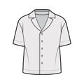 Shirt technical fashion illustration with relaxed silhouette, retro camp collar, front button fastenings, short sleeves