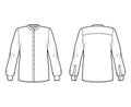 Shirt technical fashion illustration with rounded mandarin collar, long sleeves with cuff, oversized, back round yoke