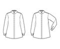 Shirt trapeze technical fashion illustration with elbow folded long sleeves with cuff, classic regular collar, oversized