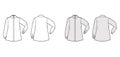 Shirt trapeze technical fashion illustration with elbow folded long sleeves with cuff, classic regular collar, oversized