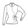 Shirt wrap technical fashion illustration with bow tie closure, elbow folded long sleeves, classic collar, fitted body