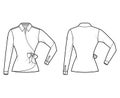 Shirt wrap technical fashion illustration with bow tie closure, elbow folded long sleeves, classic collar, fitted body