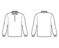 Shirt zip-up polo technical fashion illustration with long sleeves, tunic length, henley neck, oversized, flat collar