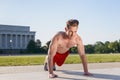 Fit Caucasian Man Doing Pushups During An Early Morning Workout Royalty Free Stock Photo