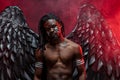 Shirtless dark angel in red smoky space Royalty Free Stock Photo