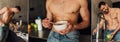 Shirtless freelancer holding apples, bowl with breakfast and using laptop with blank screen Royalty Free Stock Photo