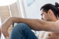 shirtless man in blurred jeans looking Royalty Free Stock Photo