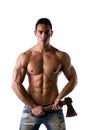 Shirtless muscular male model with axe Royalty Free Stock Photo