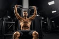 Shirtless sportsman training back on simulator. Royalty Free Stock Photo