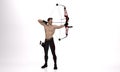 3D Render : a shirtless young male archer pose practicing archery in the studio