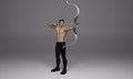 3D Render : a shirtless young male archer pose practicing archery in the studio