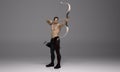 3D Render : a shirtless young male archer pose practicing archery in the studio