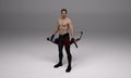 3D Render : a shirtless young male archer pose practicing archery in the studio