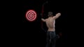 3D Render : a shirtless young male archer pose practicing archery in the studio