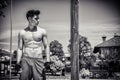 Shirtless young man resting after workout outdoor Royalty Free Stock Photo