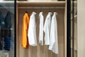 Shirts hang in a walking closet with glass door. One of those is in orange standout from others that are in white