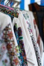 Shirts on sale. Ukrainian women`s embroidery. National embroidered pattern on the sleeve of a linen shirt Royalty Free Stock Photo