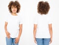 Shirts set. Summer t shirt design and close up of young afro american woman in blank template white t-shirt. Mock up. Copy space. Royalty Free Stock Photo