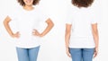 Shirts set. Summer t shirt design and close up of young afro american woman in blank template white t-shirt. Mock up. Copy space. Royalty Free Stock Photo