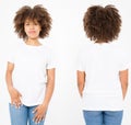 Shirts set. Summer t shirt design and close up of young afro american woman in blank template white t-shirt. Mock up. Copy space. Royalty Free Stock Photo