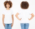 Shirts set. Summer t shirt design and close up of young afro american woman in blank template white t-shirt. Mock up. Copy space. Royalty Free Stock Photo