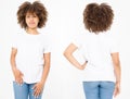 Shirts set. Summer t shirt design and close up of young afro american woman in blank template white t-shirt. Mock up. Copy space. Royalty Free Stock Photo