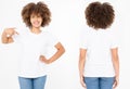 Shirts set. Summer t shirt design and close up of young afro american woman in blank template white t-shirt. Mock up. Copy space. Royalty Free Stock Photo