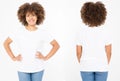 Shirts set. Summer t shirt design and close up of young afro american woman in blank template white t-shirt. Mock up. Copy space.
