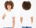 Shirts set. Summer t shirt design and close up of young afro american woman showing big thumb up in blank template white t-shirt. Royalty Free Stock Photo