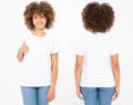 Shirts set. Summer t shirt design and close up of young afro american woman showing big thumb up in blank template white t-shirt. Royalty Free Stock Photo