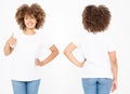 Shirts set. Summer t shirt design and close up of young afro american woman showing big thumb up in blank template white t-shirt. Royalty Free Stock Photo