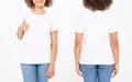 Shirts set. Summer t shirt design and close up of young afro american woman showing big thumb up in blank template white t-shirt. Royalty Free Stock Photo