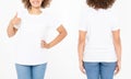 Shirts set. Summer t shirt design and close up of young afro american woman showing big thumb up in blank template white t-shirt. Royalty Free Stock Photo