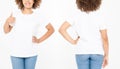 Shirts set. Summer t shirt design and close up of young afro american woman showing big thumb up in blank template white t-shirt. Royalty Free Stock Photo