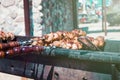 shish kebab on coals. street lighting. bright sunny day. have toning. close-up