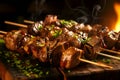 Shish kebab on the grill, grilled meat with vegetables, shashlik kebab on skewers wooden kitchen board