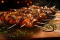 Shish kebab on the grill, grilled meat with vegetables, shashlik kebab on skewers wooden kitchen board