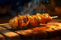 Shish kebab on the grill, grilled meat with vegetables, shashlik kebab on skewers wooden kitchen board